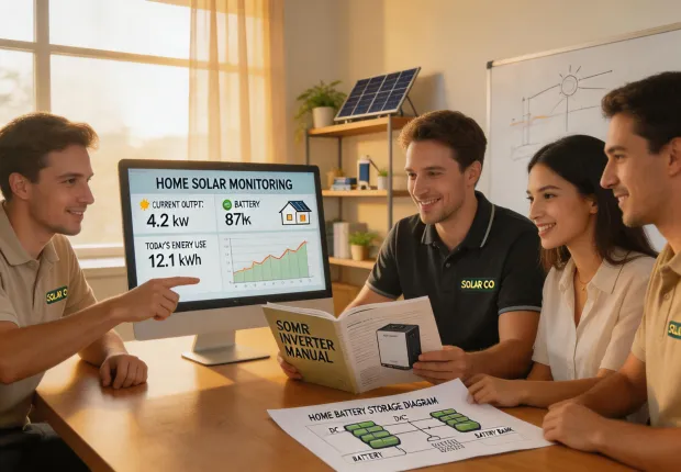 Friendly solar team preparing inverter support documents