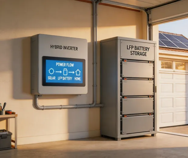 Hybrid inverter and home battery installed in garage