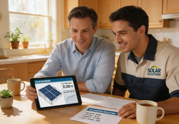 Solar advisor reviewing home energy plan with installer
